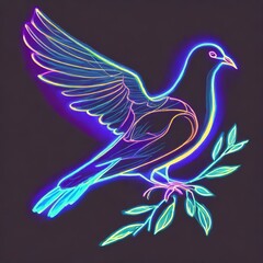 Neonowy rysunek gołębia z gałązką oliwną - obrazy, fototapety, plakaty