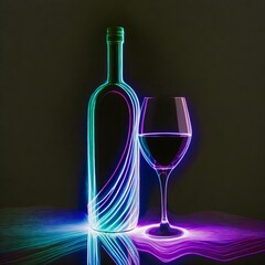 Butelka i kieliszek z winem. Neonowy rysunek na czarnym tle - obrazy, fototapety, plakaty