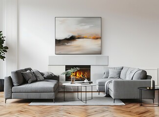 Modern living room with grey sofa, coffee table and fireplace on wooden floor against white wall with painting above it