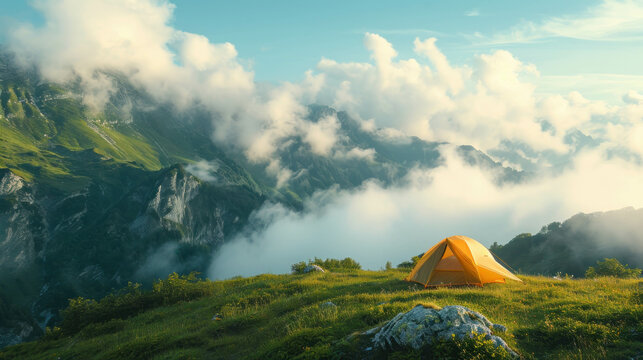 Step into a summer wonderland with this breathtaking image capturing camping gear surrounded by clouds and fog in the mountainous landscape.AI generative.
