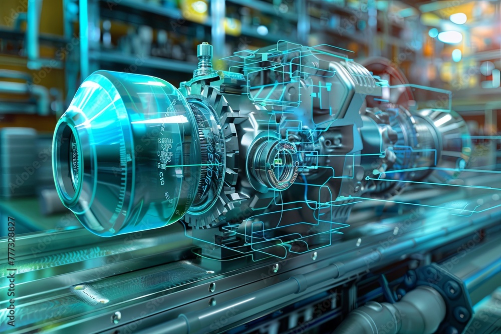 Poster a detailed view of a machine in operation within a factory setting, showcasing industrial processes 