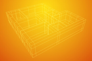 Architecture building. Modern house plan. Wireframe low poly mesh vector illustration.