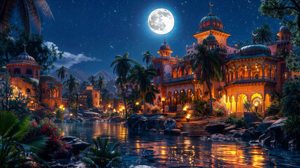 Moonlit Arabian Palace by Tranquil Waterscape - obrazy, fototapety, plakaty