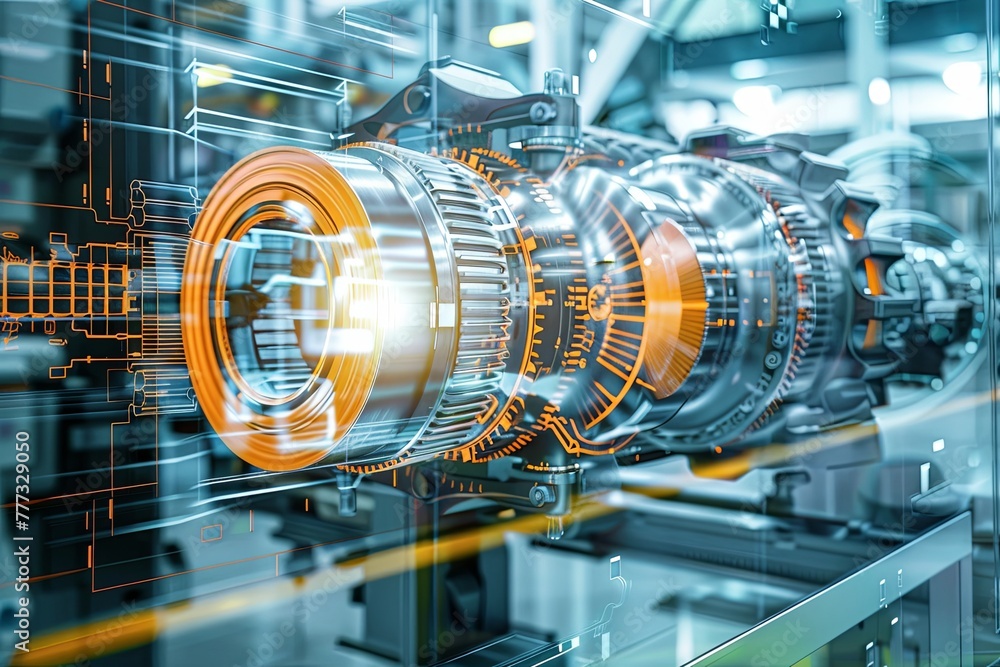 Poster a detailed visualization of engineering design processes featuring mechanical components with digita