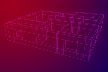 Architecture building. Modern house plan. Wireframe low poly mesh vector illustration.