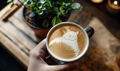 closeup of a coffee latte art of an animal seen from above in the cafe wallpaper cappuccino art - obrazy, fototapety, plakaty