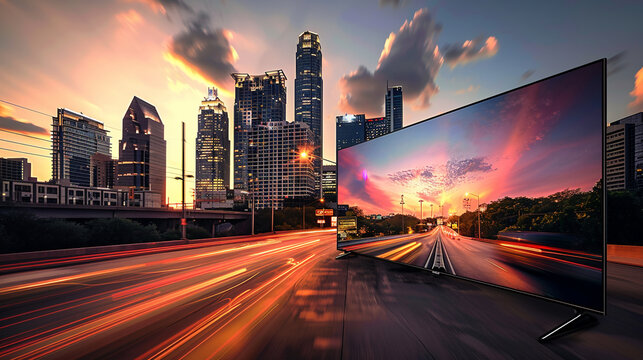 Tv with city skyline illuminated at dusk with traffic motion, AI Generative.