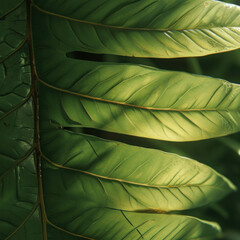 Discover the magic of the jungle through a close examination of a leaf's intricate details,evoking the essence of National Geographic. AI generative.