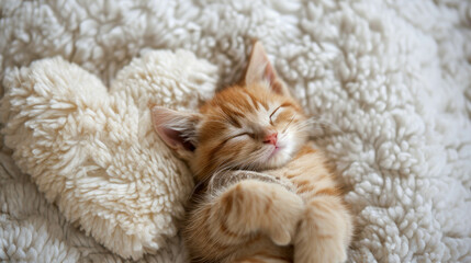 Witness the innocence of a kitten curled up on a heart-shaped pillow, viewed from a close-up top angle. AI generative.