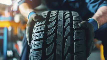 Technician man replacing tyre. Tire profile of car tire at repairing service garage background. - obrazy, fototapety, plakaty