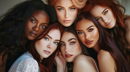 Obraz premium Group portrait of beautiful ladies with different skin and hair colors. Close-up