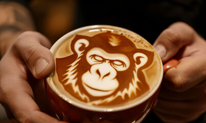 closeup of a coffee latte art of a monkey seen from above in the cafe wallpaper cappuccino art - obrazy, fototapety, plakaty