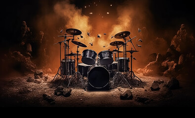 A drum set is shown with a lot of debris around it.