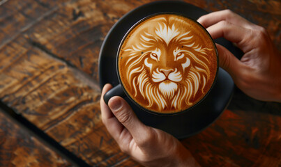 closeup of a coffee latte art of a lion seen from above in the cafe wallpaper cappuccino art - obrazy, fototapety, plakaty