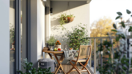 Experience cozy outdoor living with a minimalist balcony boasting a small table, chairs, and vibrant potted plants, creating a serene atmosphere. AI generative.