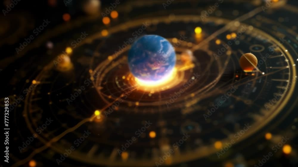 Poster explore an interactive map animation showing a planetary system with a blue ball at its center. witn