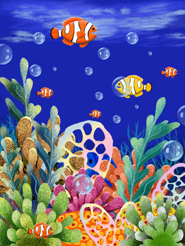 Digital illustration on a graphics tablet of the underwater world with orange tropical fish, colorful corals and algae (This illustration was drawn by hand without the use of generative AI!)