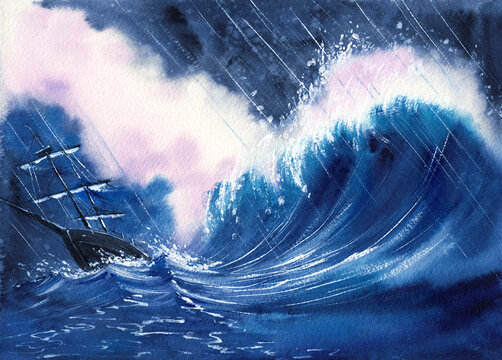 Watercolor illustration of the ship in the storm, gigantic waves, rainy grey clouds and moody atmosphere (This illustration was created without the use of artificial intelligence!)