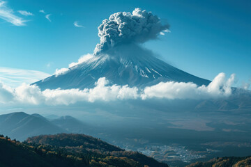 Capture the awe-inspiring moment as Mt. Fuji erupts, filling the sky with smoke and ash. AI generative. - obrazy, fototapety, plakaty