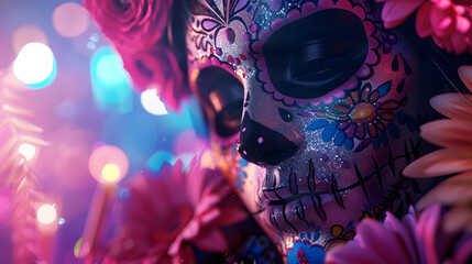 A woman with sugar skull face paint and colorful flowers in her hair. Cinco de mayo. The day of the...
