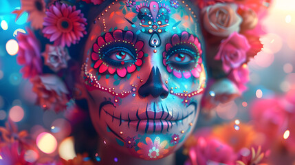A woman with sugar skull face paint and colorful flowers in her hair. Cinco de mayo. The day of the dead. Halloween