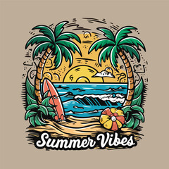 illustration of a cool and trendy summer cartoon for printing on a t-shirt. Perfect for t-shirts, sticker, apparel and other merchandise vector illustration. summer vibes typography style