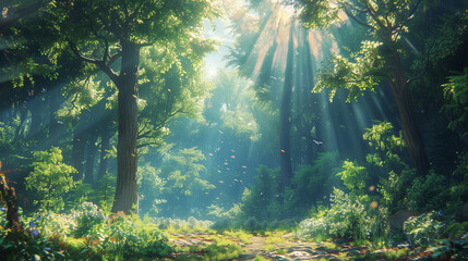 beautiful magic forest with sunbeams