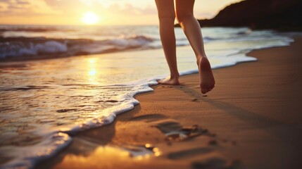 Serene beach sunset walk, ocean waves, sandy shore, vacation vibe, golden hour, tranquil seascape.