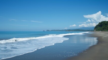 Serene beach scene with gentle waves, fluffy clouds, and clear blue skies, perfect for a summer retreat.