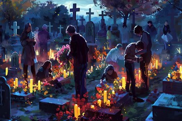 Families and friends gathered around gravesites at a cemetery. Generative AI
