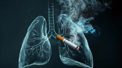 Effect of smoking on human lungs: smoke from a cigarette enters the lungs - obrazy, fototapety, plakaty
