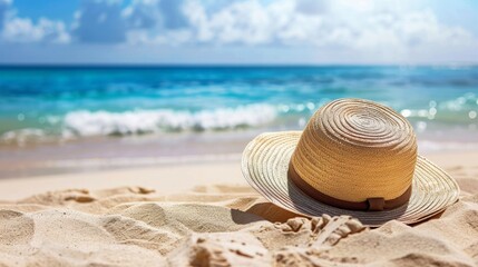Straw sunhat on sandy beach, crystal blue water, summer travel, leisure and holiday concept, seascape.