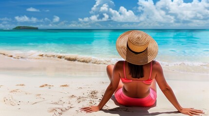 Woman in sunhat enjoying tropical beach, azure water, summer getaway, peaceful vacation scene.