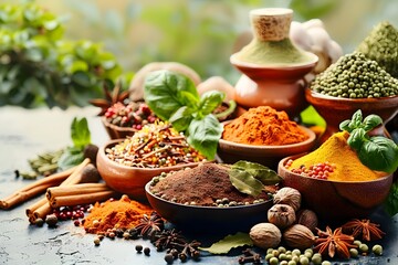 Diverse Exotic Spice Collection in Rustic Culinary Setting with Aromatic Herbs and Flavorful Seasonings