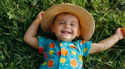 Happy baby in floral field, straw hat with daisies, cheerful infant, summer bloom, sunny day, joy.