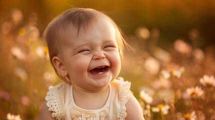 Happy baby in floral field with daisies, cheerful infant, summer bloom, sunny day, joy.