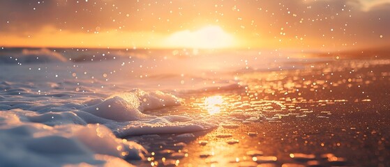 Mesmerizing Seaside Snowfall A Tranquil Golden Hour Sunset at the Beach