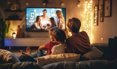 family enjoying a movie night together in a cozy living room with ambient lighting and modern decor