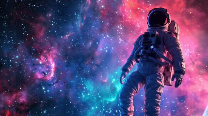 Young astronaut man portrait looking mesmerized by the galaxy - obrazy, fototapety, plakaty