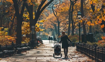 mother pushing her child's stroller on a crisp autumn day with fallen leaves. banner