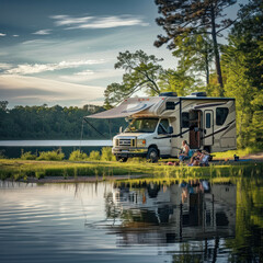 Relax by the lake with a luxurious RV and a family picnic under an extended awning. Notice the glowing radioactivity captured in HDR. AI generative adds depth to the scenic view. - obrazy, fototapety, plakaty
