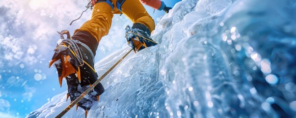 ice climber skillfully navigating the ascent of a frozen waterfall using specialized equipment