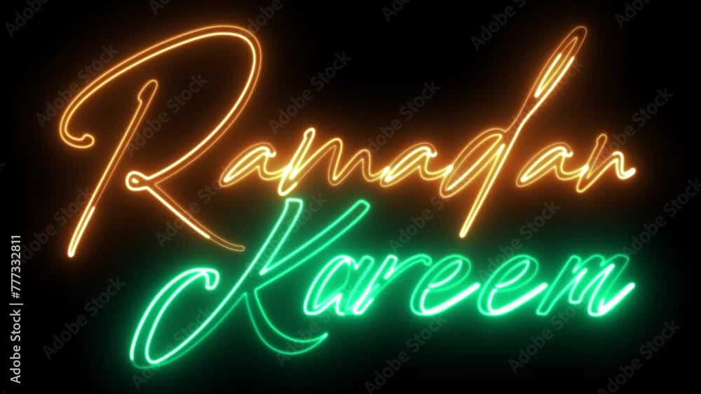 Poster ramadan kareem text font with neon light. luminous and shimmering haze inside the letters of the tex