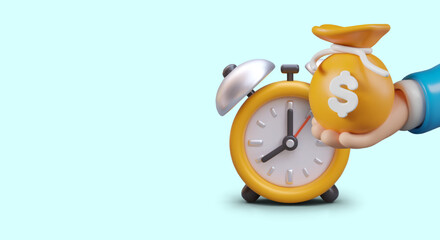 Realistic hand holds bag of money near alarm clock. Time is money