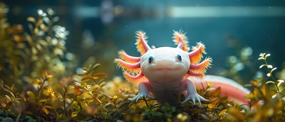 A cartoon axolotl floating in a clean, vibrant aquarium, highlighting the importance of habitat protection , high resolution DSLR