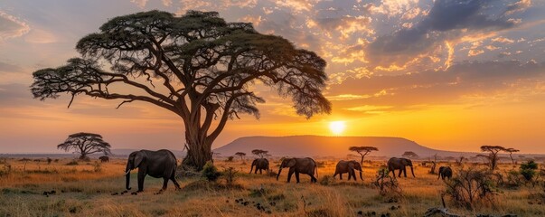 Fototapeta na wymiar herd of elephants trekking across the African savanna under a breathtaking sunset