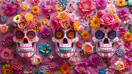 3 sugar skulls decorated with colorful flowers and candies. Cinco de mayo. The day of the dead. Dia de los Muertos. Halloween - Powered by Adobe