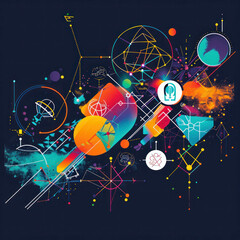 Dive into the vibrant world of education with a burst of colorful geometric shapes representing academic subjects, AI generative. - obrazy, fototapety, plakaty
