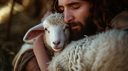 Jesus with a tender lamb in his arms realistic - obrazy, fototapety, plakaty