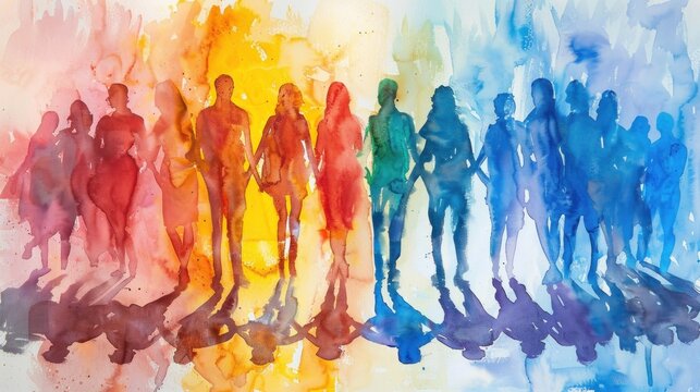 Colorful watercolor art depicting a united group of people.